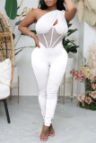 White Fashion Solid Patchwork See-through Backless One Shoulder Skinny Jumpsuits