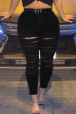 Jeans taglie forti strappati tinta unita casual moda nera (senza cintura)