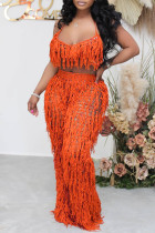 Orange Fashion Casual Solid Hollowed Out Backless Spaghetti Strap Sleeveless Two Pieces Tassel Crop Tops And Wide Leg Pants Sets