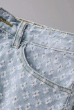 Pantalones cortos de mezclilla rectos de cintura alta con retazos ahuecados lisos rasgados de calle sexy azul bebé