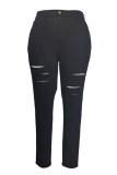 Jeans taglie forti strappati tinta unita casual moda nera (senza cintura)