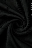 Zwarte mode Sexy effen gescheurde uitgeholde O-hals met korte mouwen, twee stukken