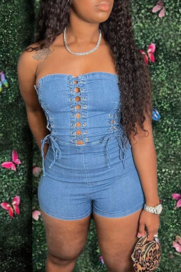 Deep Blue Sexy Solid Bandage Hollowed Out Patchwork Strapless Regular Rompers
