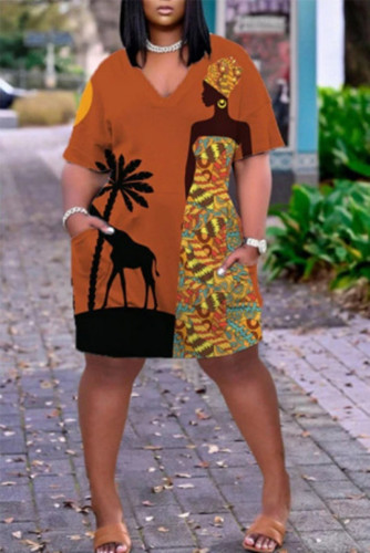 Tangerine Red Fashion Casual Print Basic V Neck Short Sleeve Dress