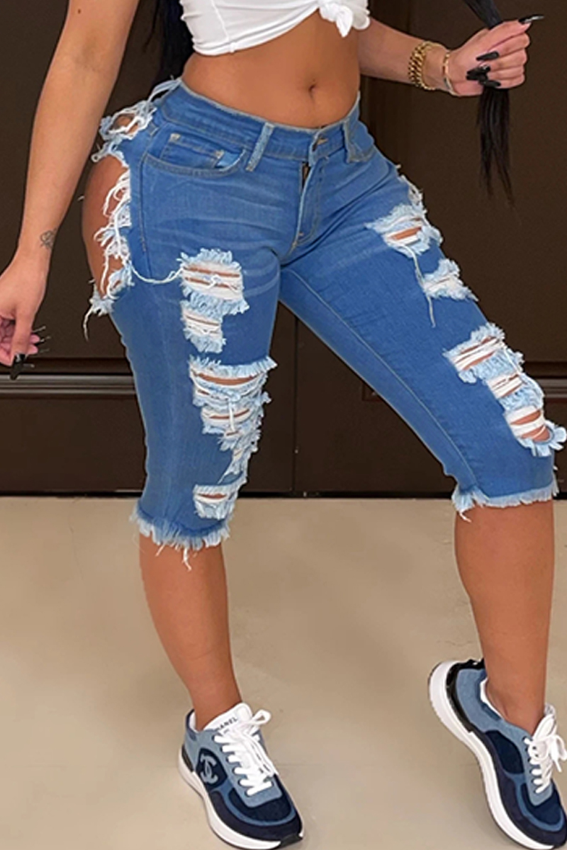 

Blue Fashion Casual Solid Ripped Split Joint High Waist Skinny Denim Shorts
