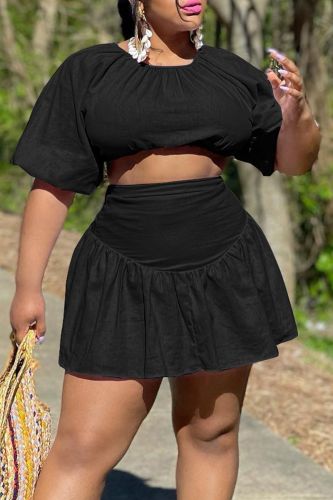 Black Fashion Solid Patchwork O Neck Short Sleeve Two Pieces