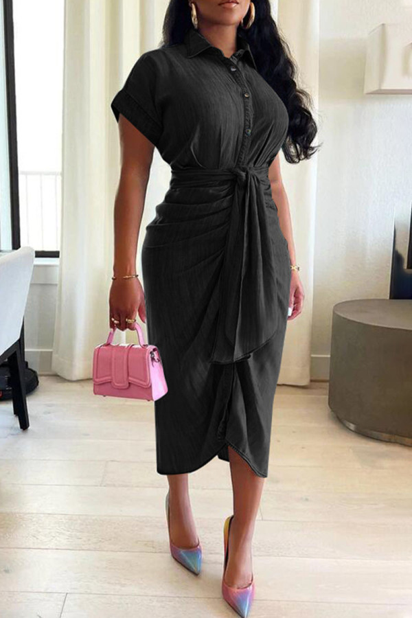 Zwart casual effen bandage patchwork gesp vouw asymmetrische turndown kraag denim jurk jurken