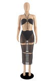 Black Fashion Sexy Patchwork Hollowed Out See-through Backless Halter Strapless Dress