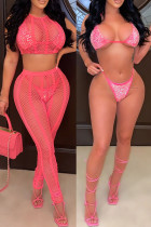 Розовый модный сексуальный однотонный лоскутный комплект без рукавов с круглым вырезом и четырьмя предметами