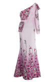 Vestido de noche de cuello oblicuo de patchwork con estampado elegante rosa Vestidos