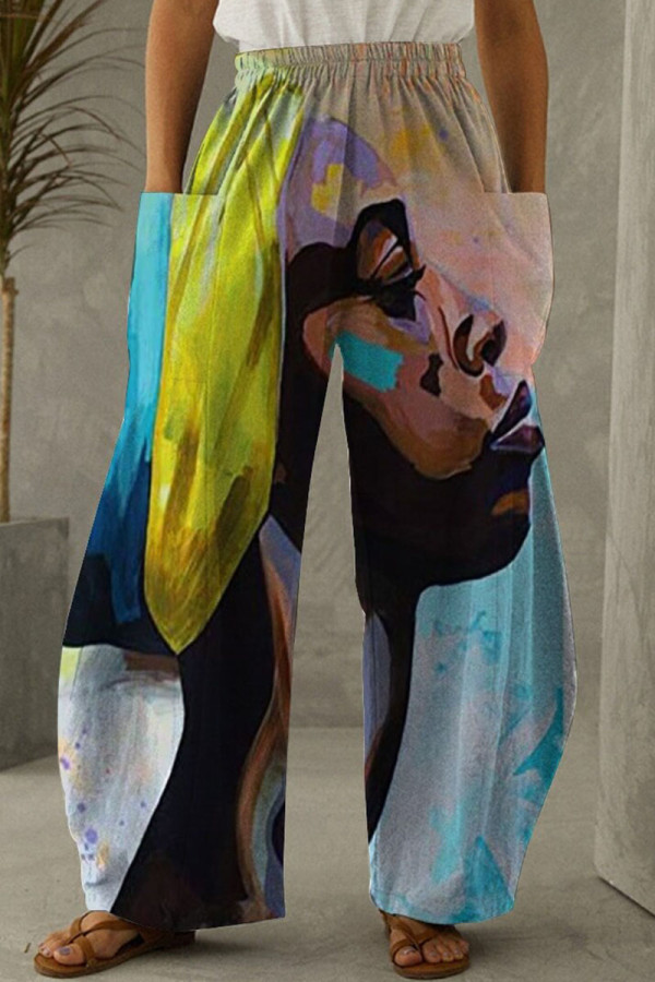 Pantaloni larghi e dritti con stampa casual multi-colore con stampa casual