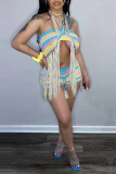 Sky Blue Sexy Patchwork Tassel Strapless Sleeveless Two Pieces