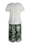 Camouflage Casual Print Tassel Split Joint O Neck Short Sleeve Two Pieces