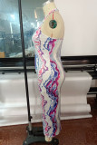 Multicolor Fashion Sexy Plus Size Print Backless Halter Sleeveless Dress