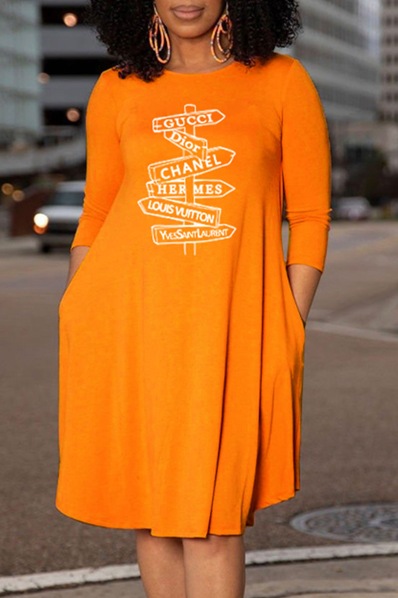 

Orange Fashion Casual Print Letter O Neck A Line Dresses