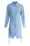 Bleu ciel Fashion Casual Solid Draw String Frenulum Turndown Collar Shirt Dress Robes