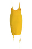 Yellow Fashion Sexy Plus Size Solid Bandage Backless Spaghetti Strap Sleeveless Dress