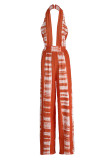 Tangerine Red Sexy Print Patchwork Backless Neckholder Straight Jumpsuits