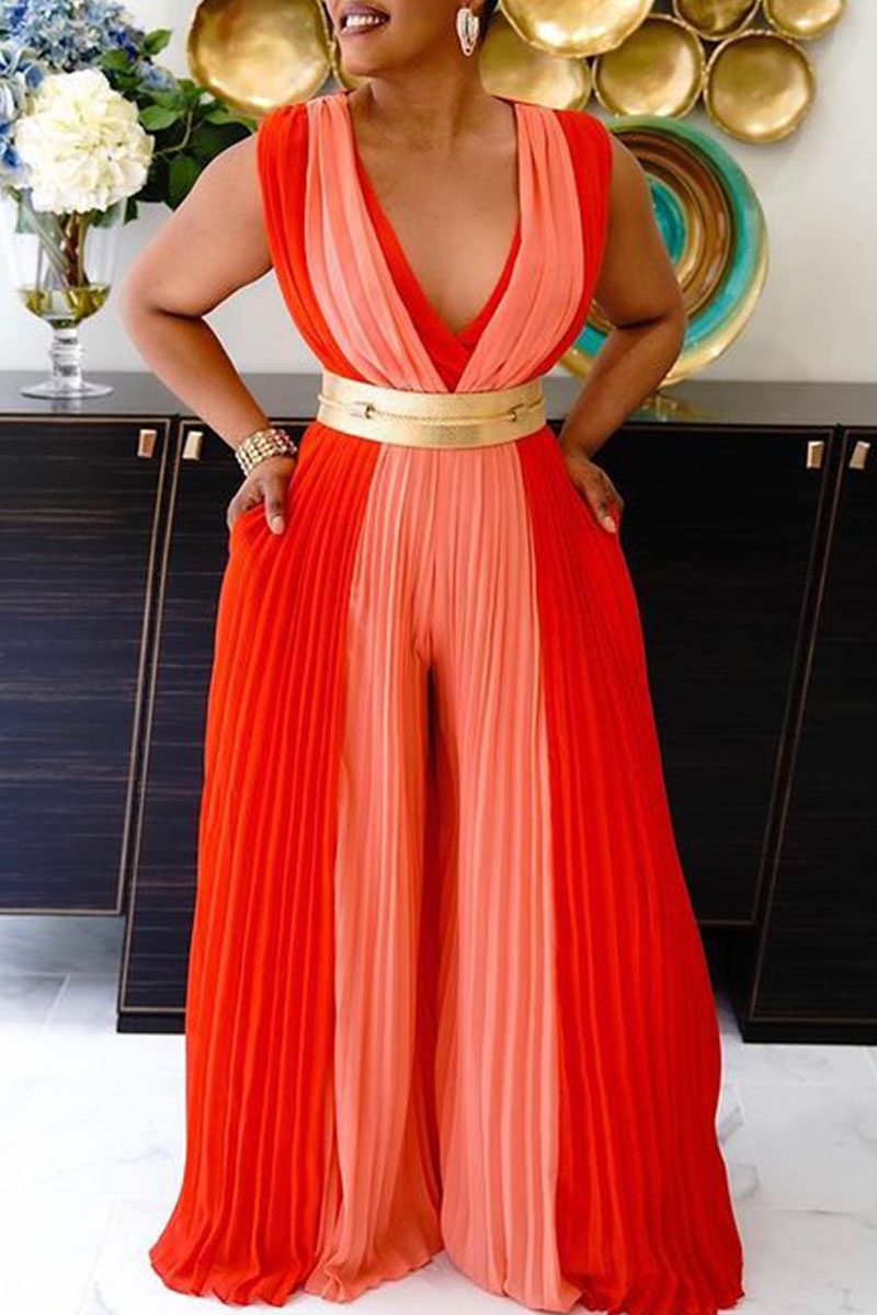 

Red Casual Solid Split Joint V Neck Plus Size Jumpsuits