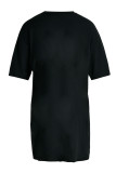 Черное модное повседневное базовое платье с круглым вырезом и коротким рукавом с принтом