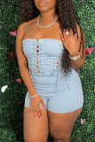 Light Blue Sexy Solid Bandage Hollowed Out Patchwork Strapless Regular Rompers