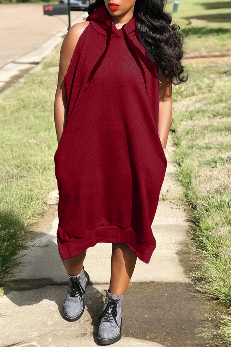 

Burgundy Fashion Casual Solid Basic Hooded Collar Sleeveless Dress Dresses