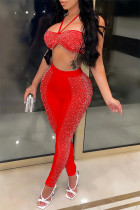 Красный модный сексуальный пэчворк, горячее сверление, прозрачное платье без рукавов с открытой спиной и бретельками из двух частей
