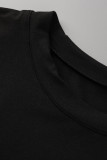 Vestido de manga curta preto moda casual estampa básica com gola redonda