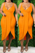 Oranje Mode Sexy Plus Size Effen Patchwork V-hals Sling Jurk
