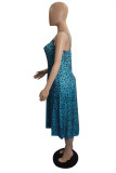 Глубокое синее модное сексуальное платье с открытой спиной и квадратным воротником с разрезом и принтом