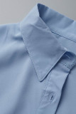 Небесно-голубые модные повседневные однотонные платья-рубашки с отложным воротником и уздечками
