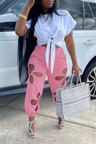 Pink Casual Solid Hollowed Out O Neck Short Sleeve Two Pieces Front Tie Crop Tops And Pants Sets