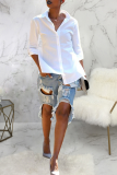 Blue Casual Solid Mid Waist Straight Distressed Jeans Shorts Ripped Denim Shorts