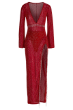 Vestidos de vestidos irregulares com borla de patchwork vermelho sexy broca quente decote em V