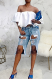 Blue Casual Solid Mid Waist Straight Distressed Jeans Shorts Ripped Denim Shorts