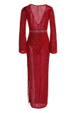Vestido irregular rojo sexy con escote en V y borlas de retazos Vestidos