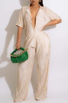 Bare Color Casual Solid Patchwork Buckle Turndown Collar Straight Jumpsuits