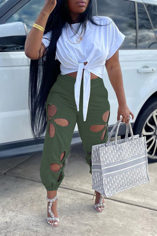 Army Green Casual Solid Hollowed Out O Neck Short Sleeve Two Pieces Front Tie Crop Tops And Pants Sets