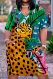 Vestido colorido moda casual estampado básico decote em v manga curta