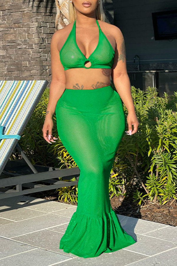 Зеленый сексуальный однотонный пэчворк, прозрачный, с открытой спиной, с лямкой на шее, без рукавов, из двух предметов