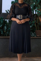 Черные элегантные однотонные платья в стиле пэчворк со складками и круглым вырезом (без пояса)
