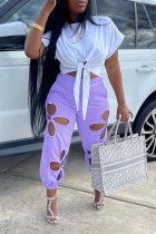 Purple Casual Solid Hollowed Out O Neck Short Sleeve Two Pieces Front Tie Crop Tops And Pants Sets