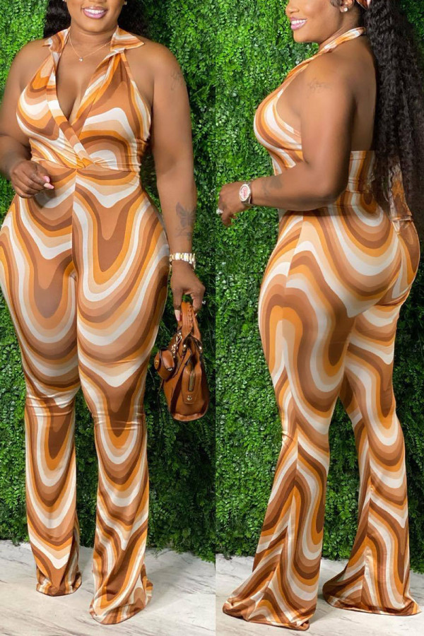 Brown Sexy Print Patchwork Backless V Neck Plus Size Jumpsuits