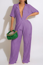 Purple Casual Solid Patchwork Buckle Turndown Collar Straight Jumpsuits