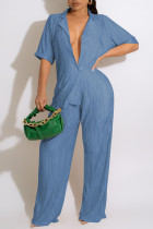 Sky Blue Casual Solid Patchwork Buckle Turndown Collar Straight Jumpsuits