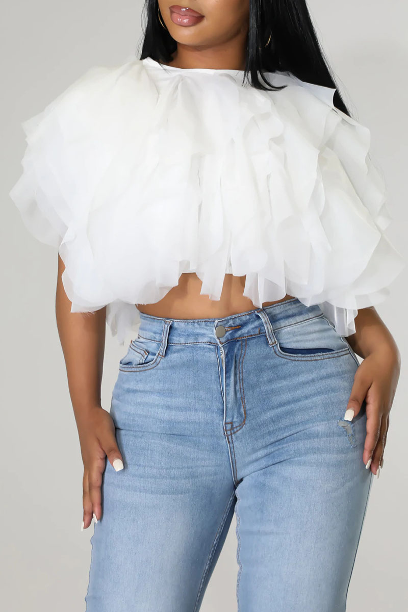 

White Fashion Sweet Solid Split Joint Asymmetrical O Neck Tops