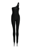 Macacão skinny preto sexy sólido vazado de um ombro