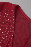 Rot Sexy Patchwork Quaste Hot Drill V-Ausschnitt Unregelmäßige Kleider