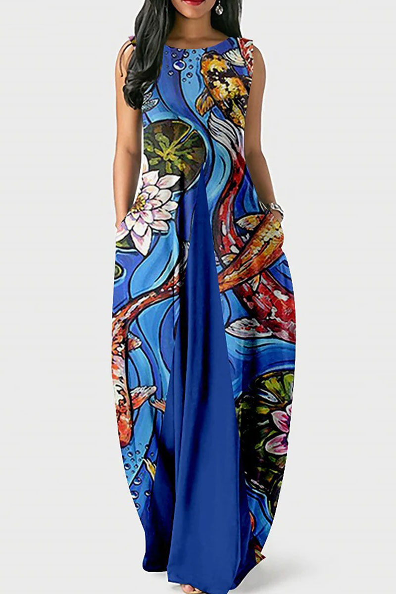 

Blue Casual Print Split Joint O Neck Lantern Dress Dresses