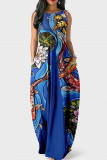 Blue Casual Print Patchwork O Neck Lantern Dress Dresses